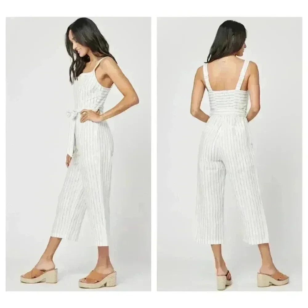 Lost Wander Gabriela Striped Linen Jumpsuit White Blue Medium NWT Wide Leg Crop